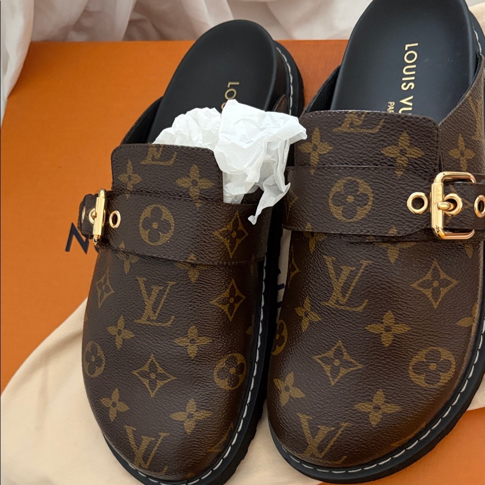 Louis Vuitton Brown Monogram Mule Clogs with Gold Buckle Detail